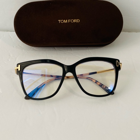 Tom Ford 5704 005 Shiny Black Gold / Blue Block Eyeglasses TF5704 005 54mm